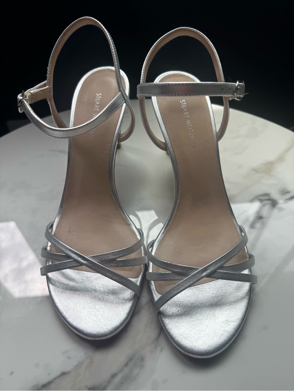 Stuart Weitzman Metallic Silver Strappy High Heel Sandals